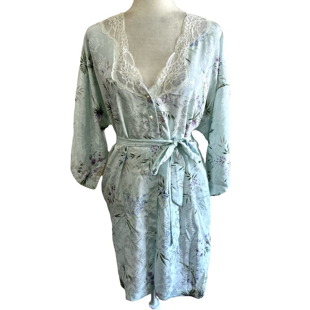 California Dynasty Vtg 90s Light Blue Floral Lace Robe